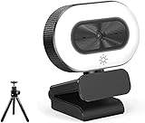 1080P Webcam mit Mikrofon, Full HD Facecam Live-Streaming Webcams mit Ringlicht, Stativ, 360°...